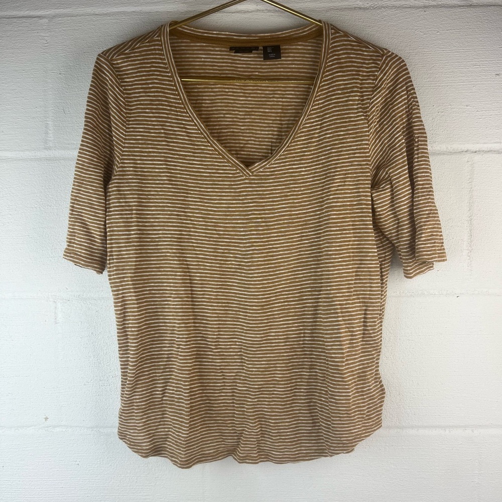 Tahari Tan Striped Linen Top, Large